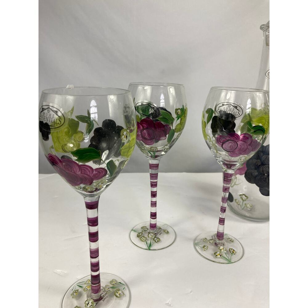 Home Essentials and Beyond Hand Painted Grape and Leaf 3 Wine Glass and Decanter - Picture 2 of 4